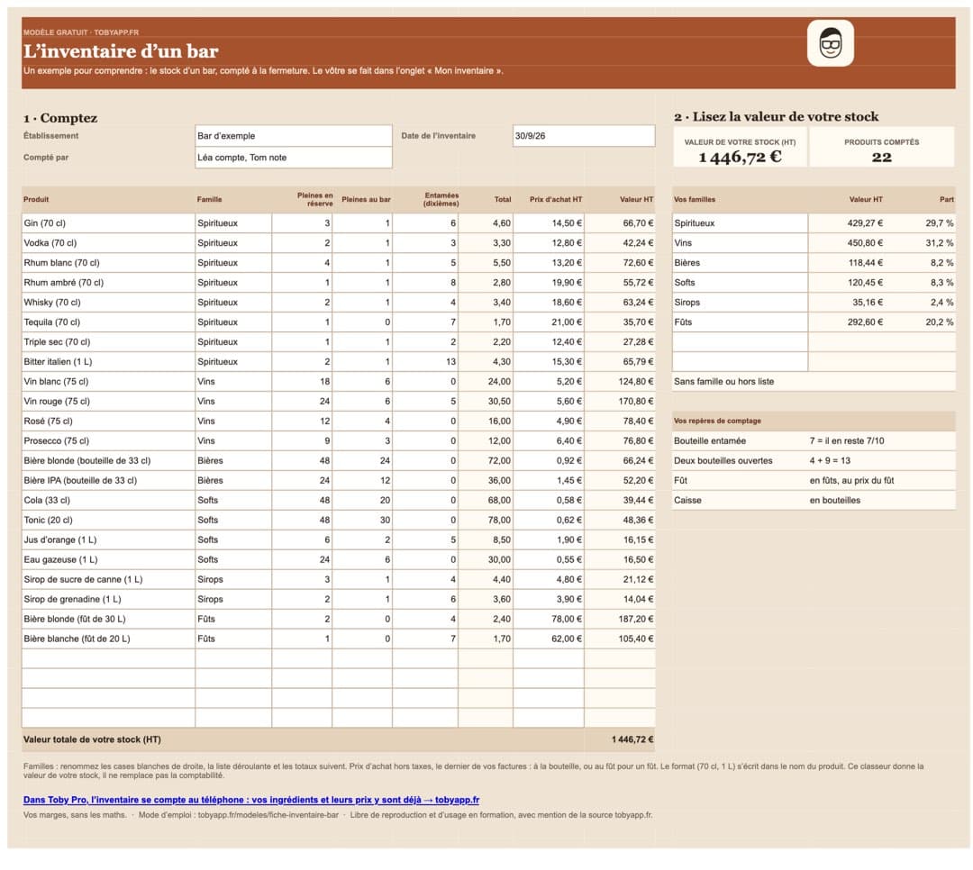 Aperçu du fichier : Classeur d’inventaire bar (Excel)