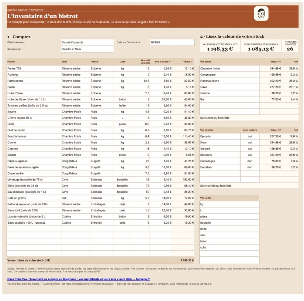 Aperçu du fichier : Classeur d’inventaire restaurant (Excel)