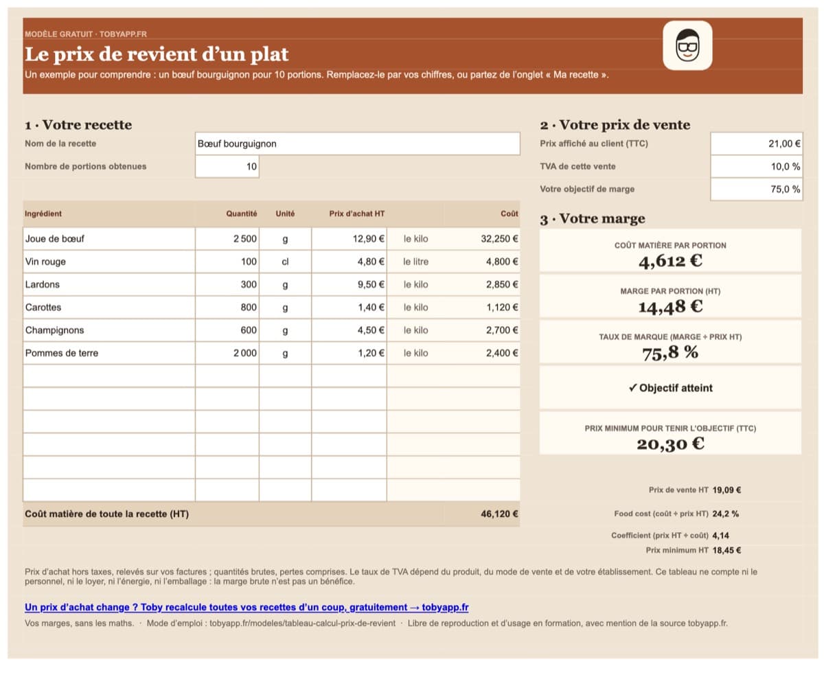 Aperçu du fichier : Tableau de calcul du prix de revient