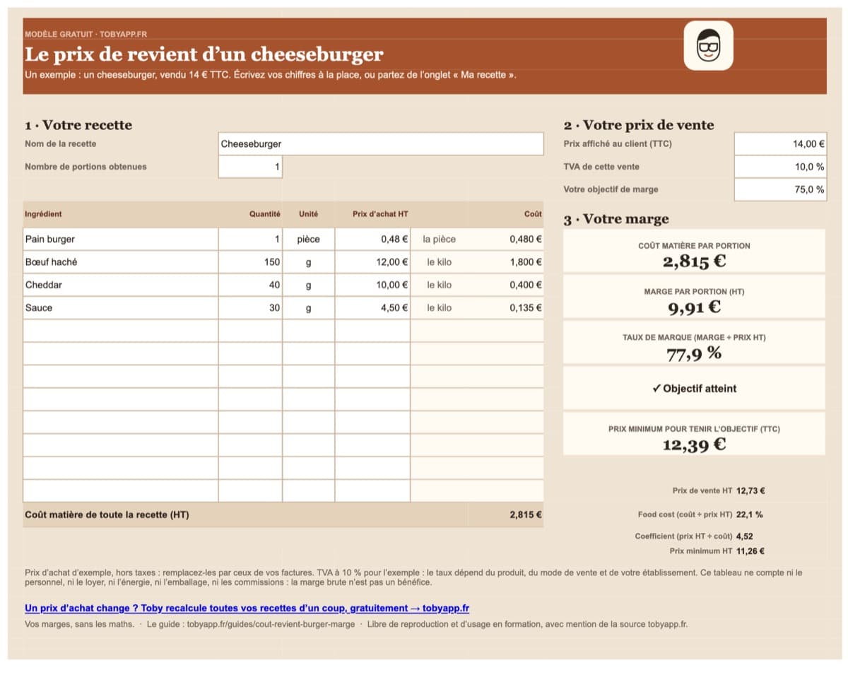 Aperçu du fichier : Tableau prix de revient burger (Excel)