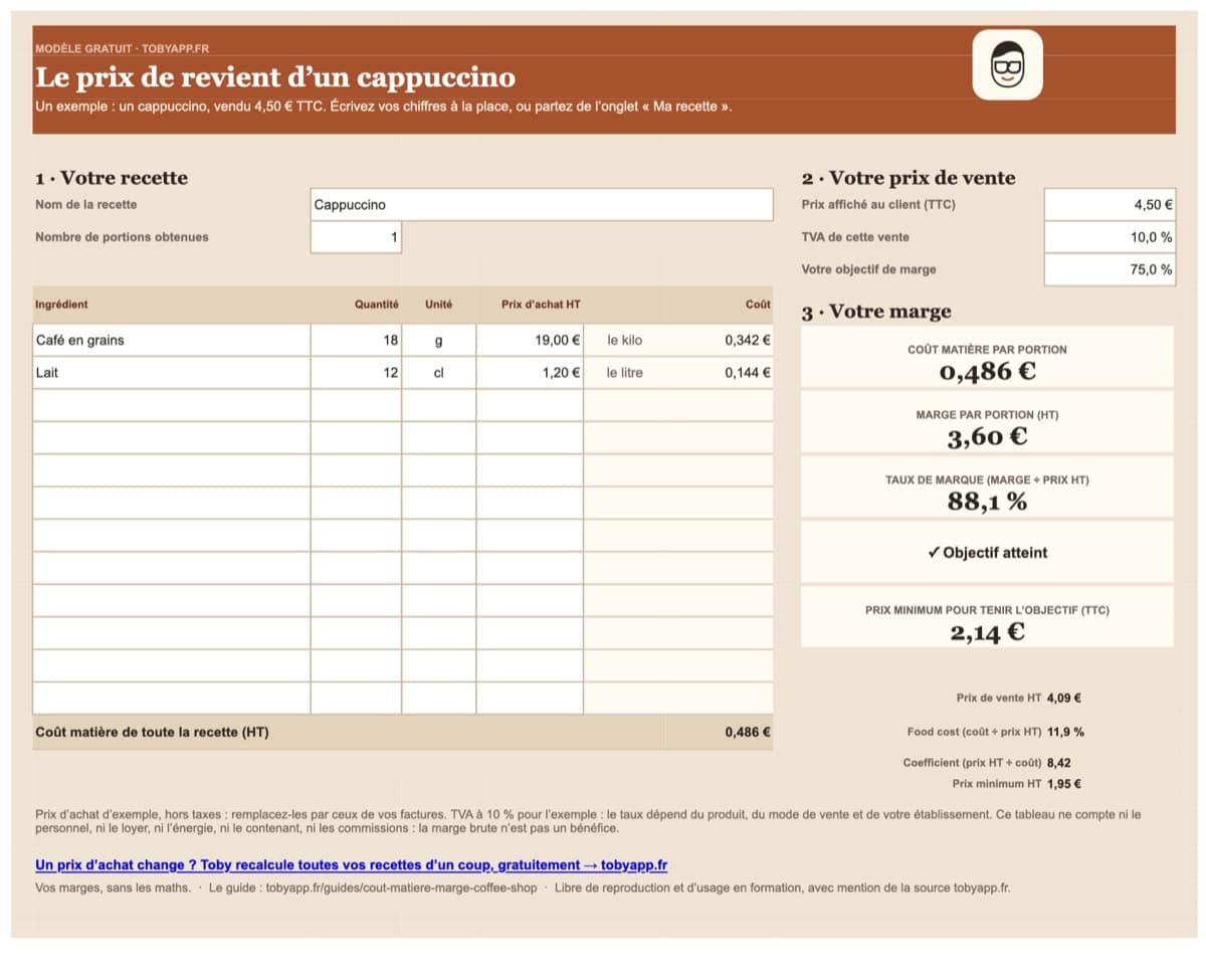 Aperçu du fichier : Tableau prix de revient café (Excel)