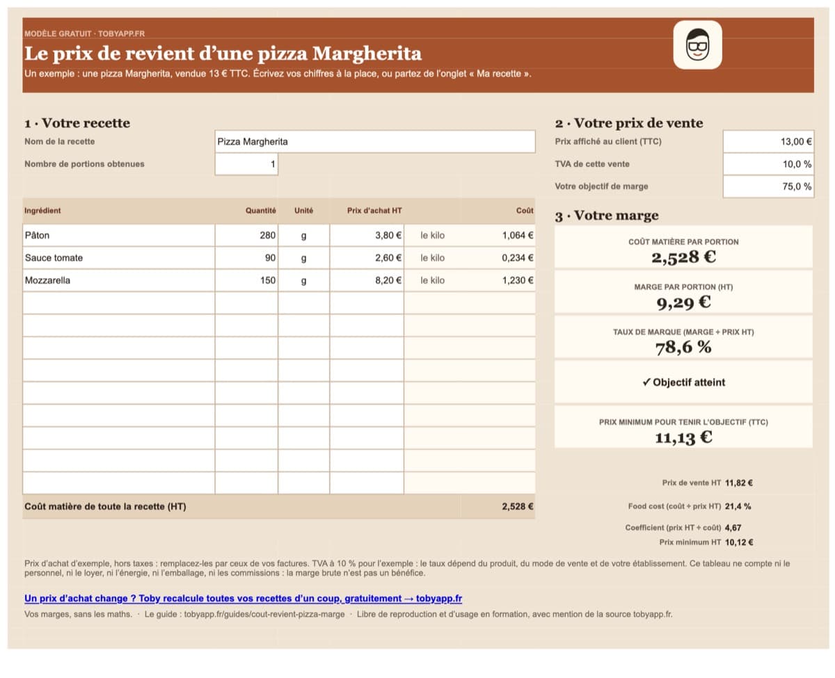 Aperçu du fichier : Tableau prix de revient pizza (Excel)
