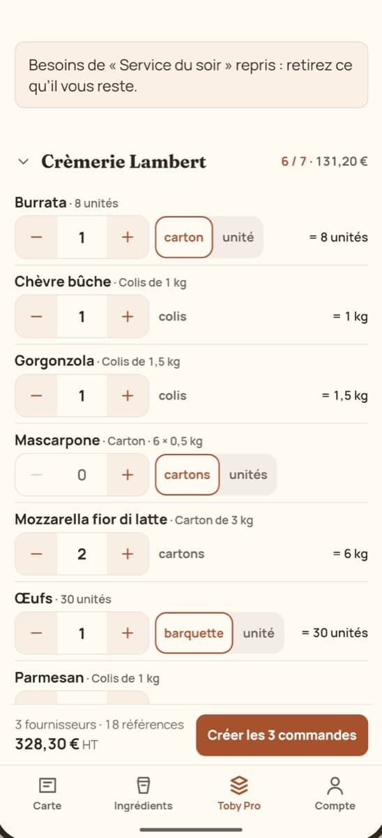 Vos commandes prêtes, fournisseur par fournisseur.